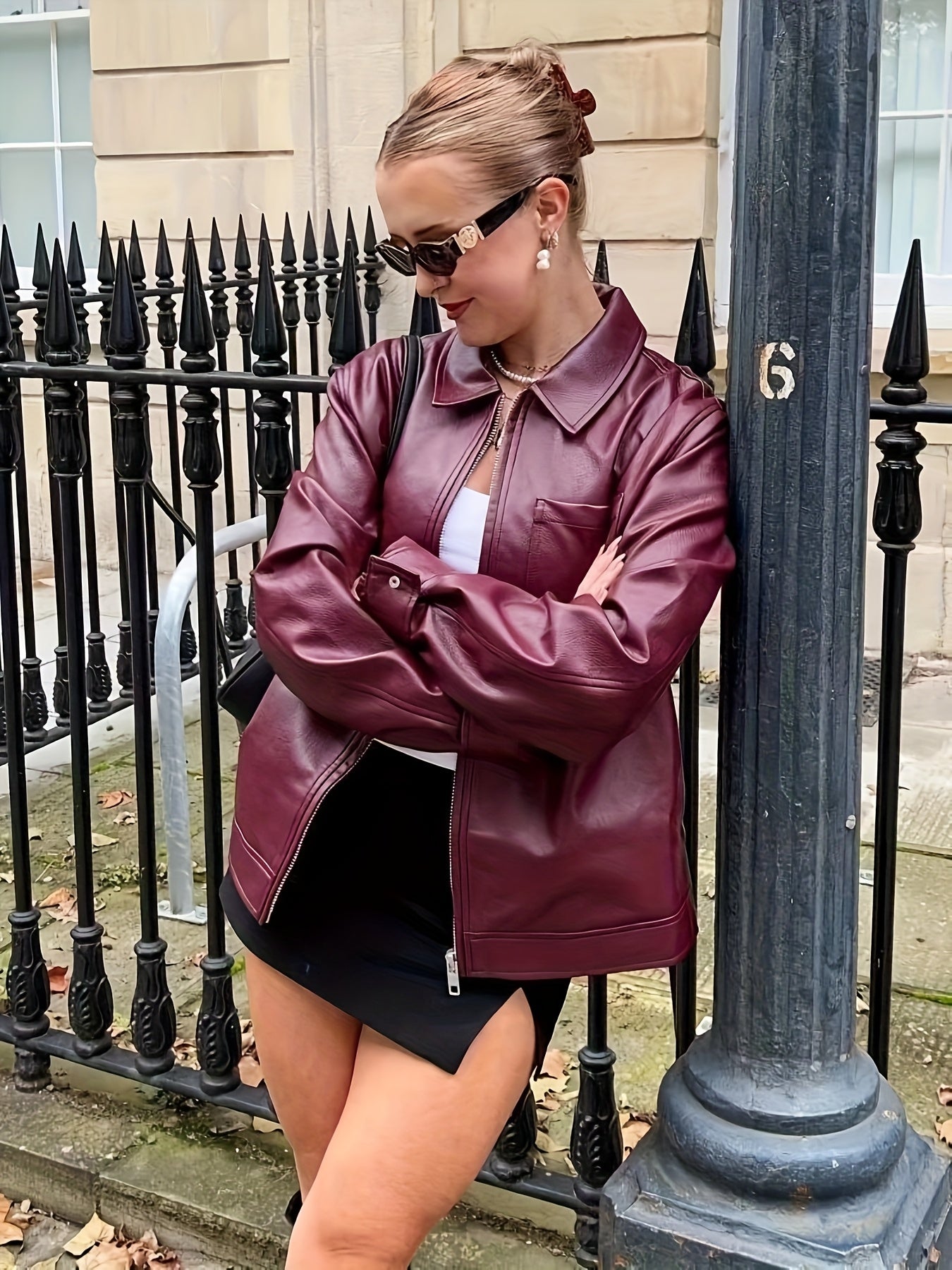 SQ25032601 Directional Style 2025 Spring New Casual Elegant Women's Wine Red Drawstring Long Sleeve Zip-Up Jacket Simple Commuter PU Leather Coat Windproof High Quality