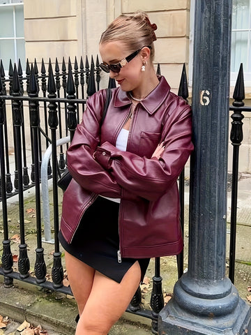 SQ25032601 Directional Style 2025 Spring New Casual Elegant Women's Wine Red Drawstring Long Sleeve Zip-Up Jacket Simple Commuter PU Leather Coat Windproof High Quality