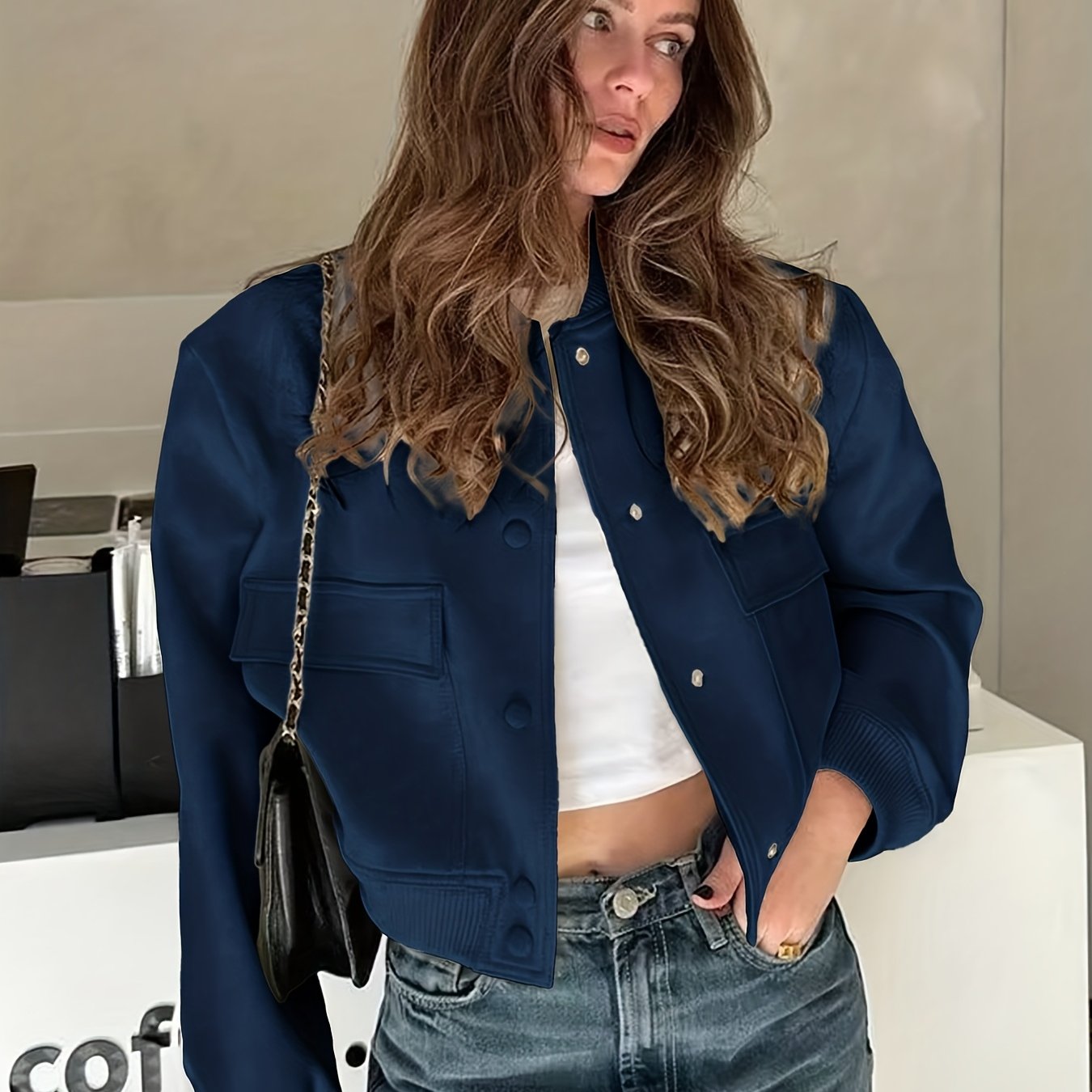 Women's Slim-Fit Varsity Jacket - All-Season Casual Baseball Coat with Collar &amp; Button Closure, White Piping Trim (Black/Solid Color) - Uniform Style Outerwear for s Events, Casual Attire (Machine Washable)