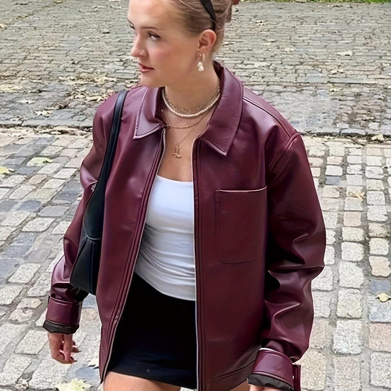 SQ25032601 Directional Style 2025 Spring New Casual Elegant Women's Wine Red Drawstring Long Sleeve Zip-Up Jacket Simple Commuter PU Leather Coat Windproof High Quality