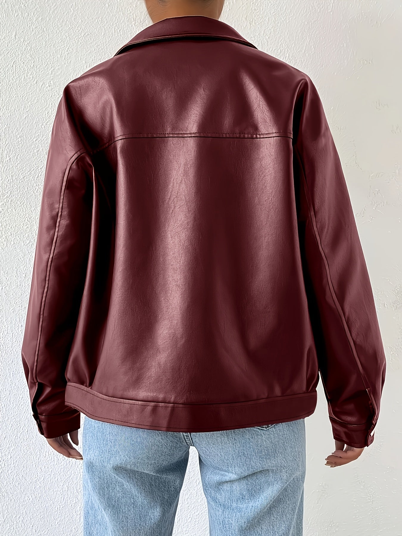 SQ25032601 Directional Style 2025 Spring New Casual Elegant Women's Wine Red Drawstring Long Sleeve Zip-Up Jacket Simple Commuter PU Leather Coat Windproof High Quality