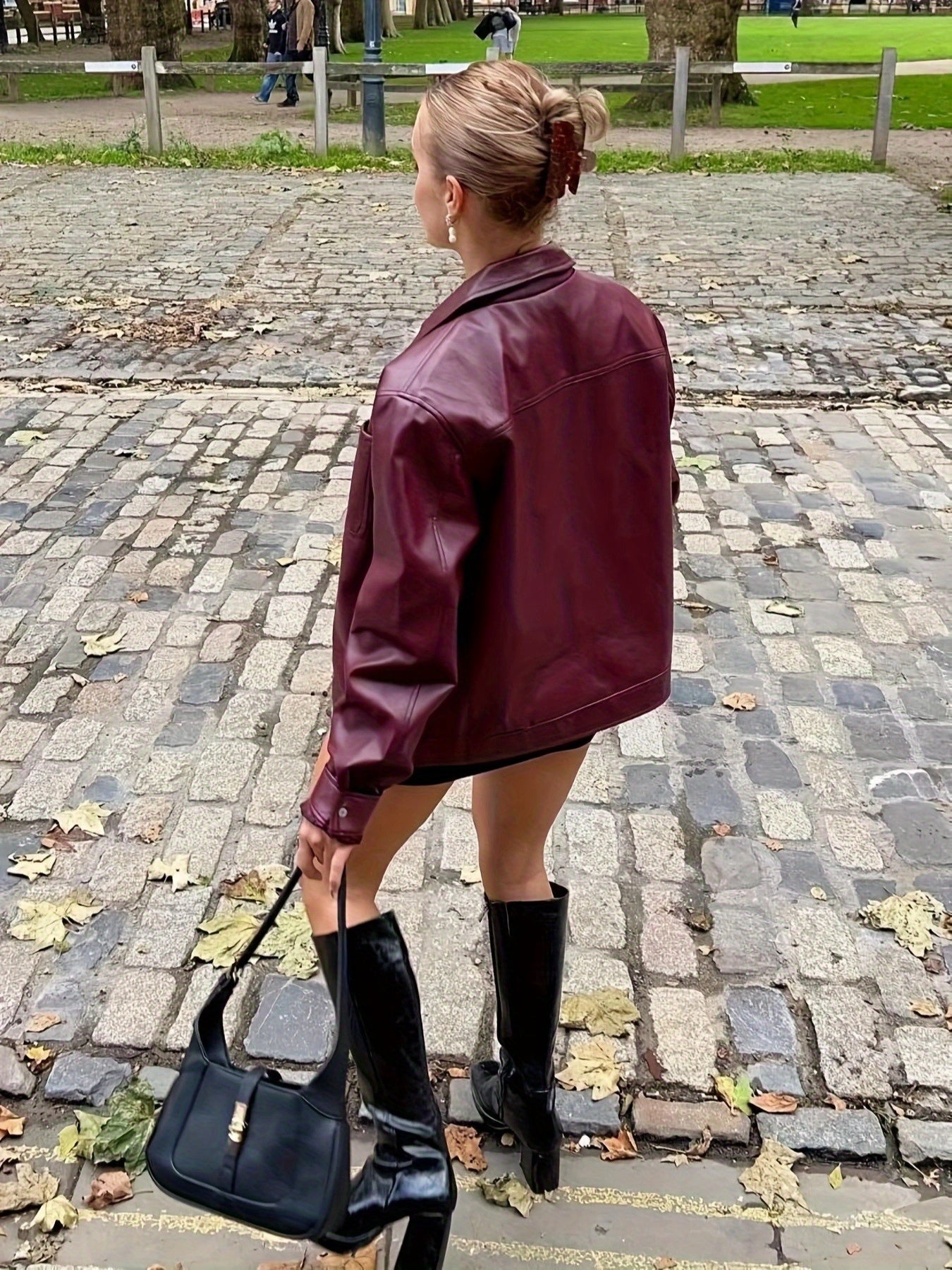 SQ25032601 Directional Style 2025 Spring New Casual Elegant Women's Wine Red Drawstring Long Sleeve Zip-Up Jacket Simple Commuter PU Leather Coat Windproof High Quality