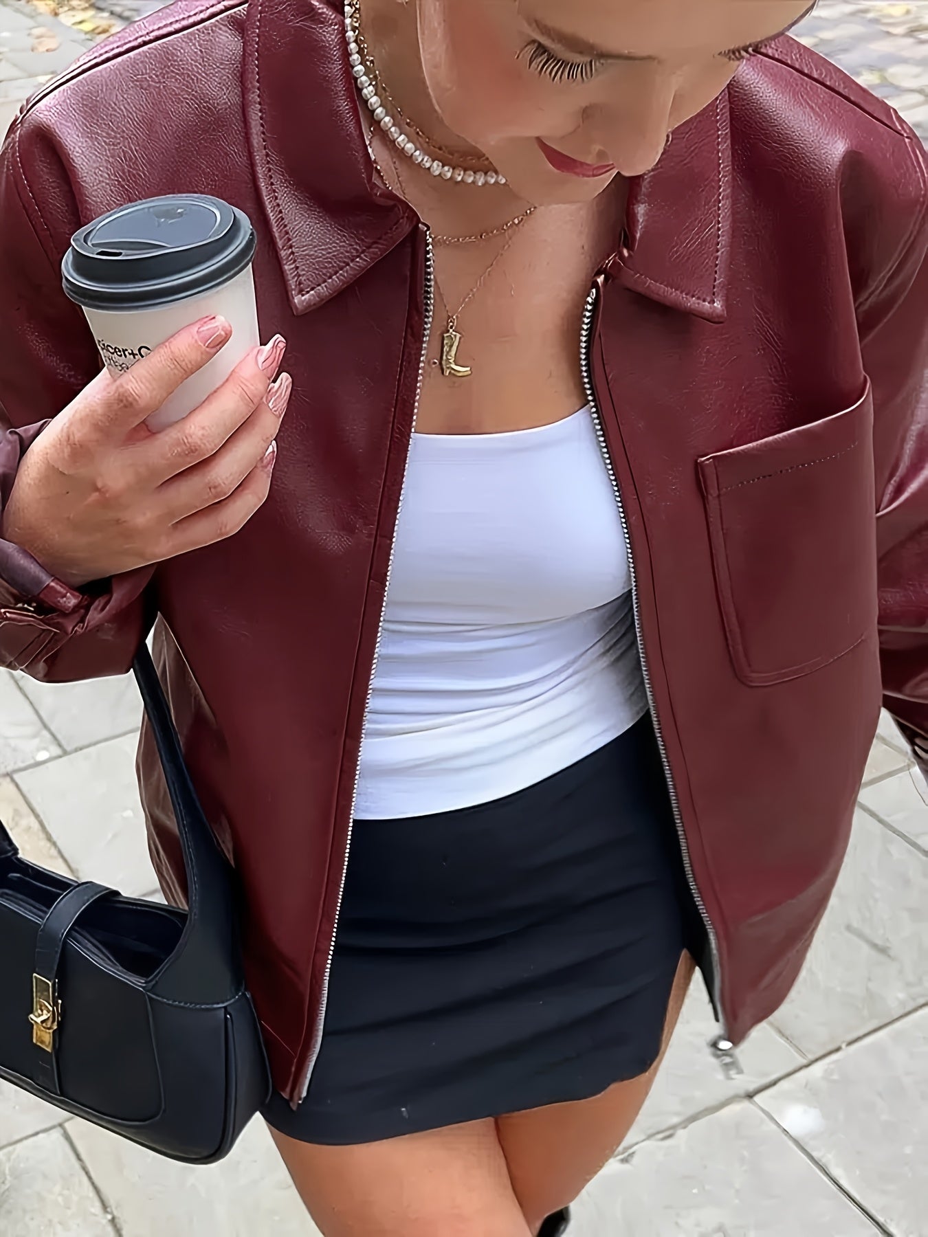 SQ25032601 Directional Style 2025 Spring New Casual Elegant Women's Wine Red Drawstring Long Sleeve Zip-Up Jacket Simple Commuter PU Leather Coat Windproof High Quality