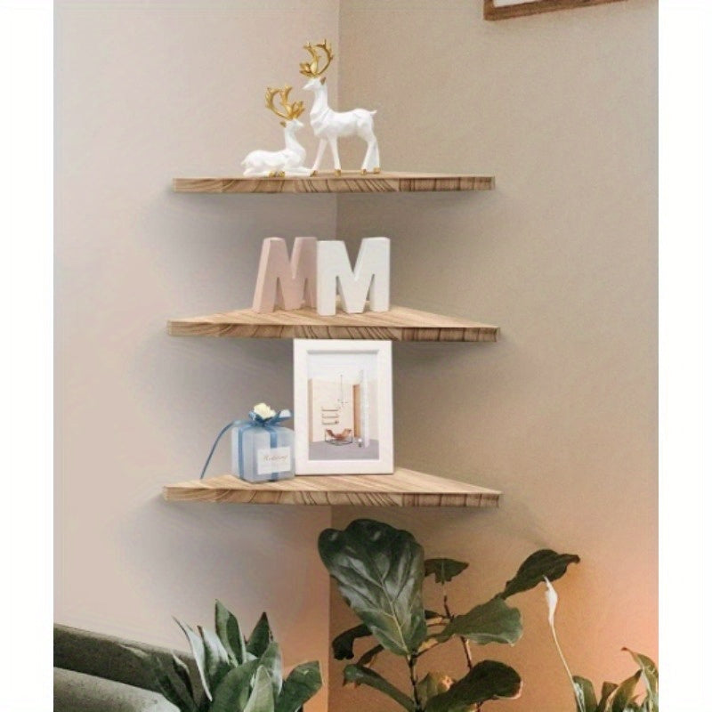 Rustic Wood Corner Shelves 3pc Triangular Wall Display
