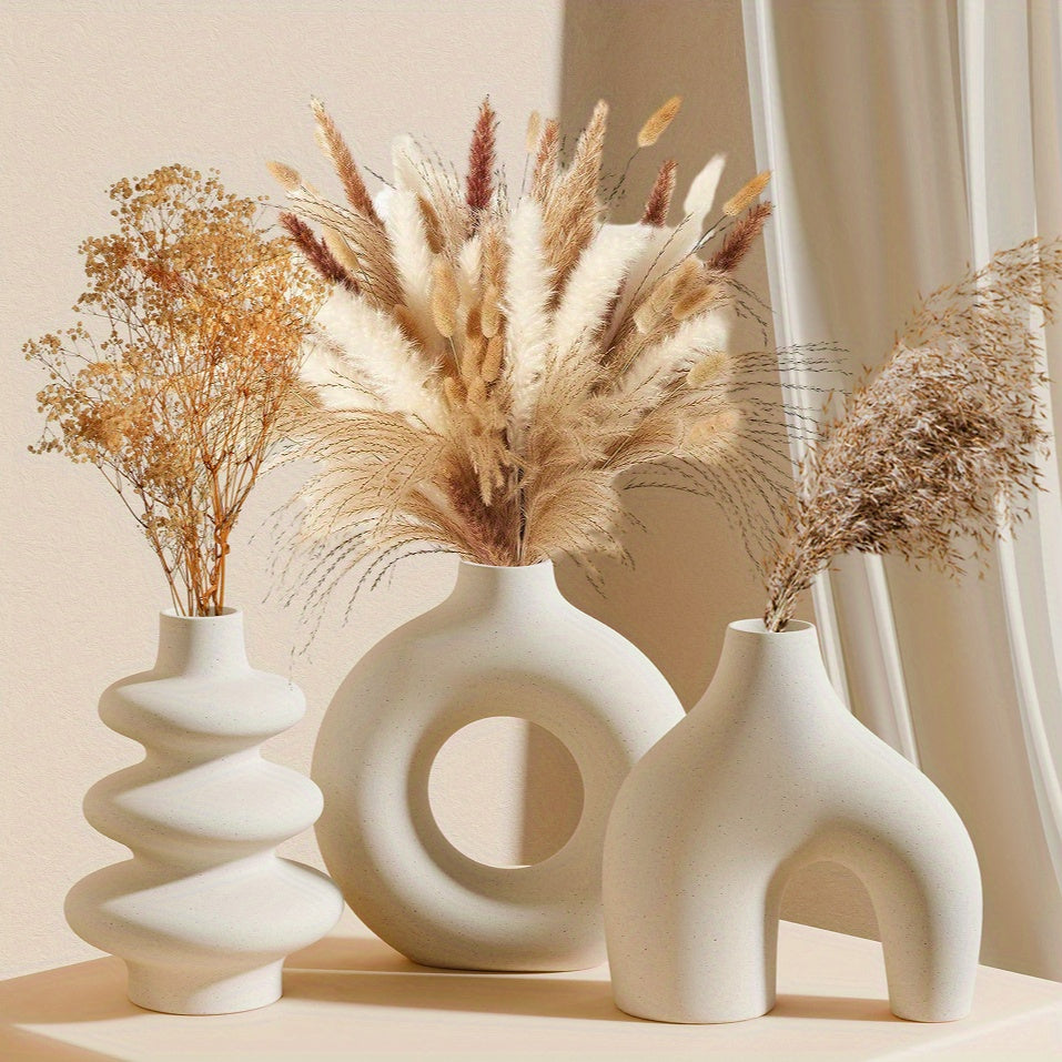 NJCHARMS Bohemian Style 3pcs Set White Ceramic Vases  Perfect for Pampas Grass Weddings and Home Decor with Geometric Round Design for Living Room Bedroom Coffee Table