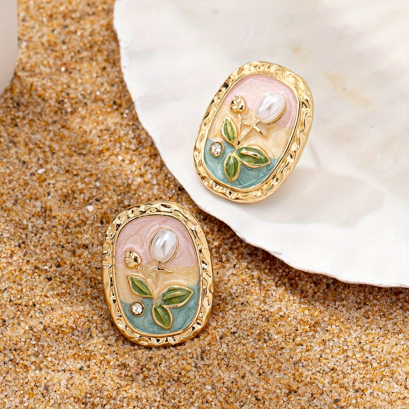 1 Pair Elegant KoreanInspired Faux Pearl Flower Stud Earrings for Women  GoldenTone Zinc Alloy Design with Pastel Floral Pattern Perfect for Casual Attire or Gifting