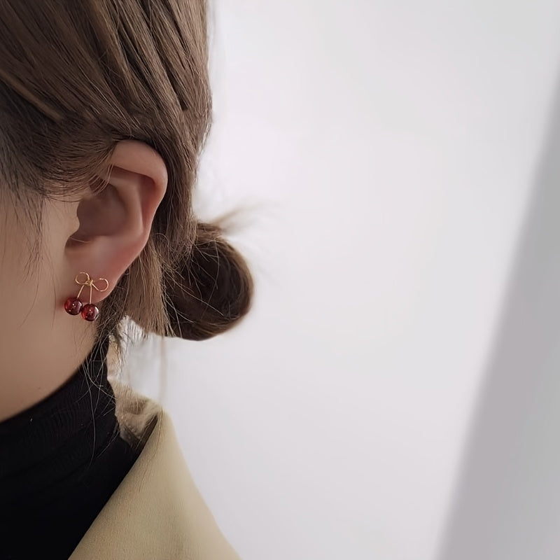 Everyday Comfort Charming Cherry Red Stud Earrings for Women  Cute and Elegant Fruit Design Zinc Alloy with Stainless Steel Posts Perfect for Daily Wear or Parties Ideal Gift Quirky Earrings